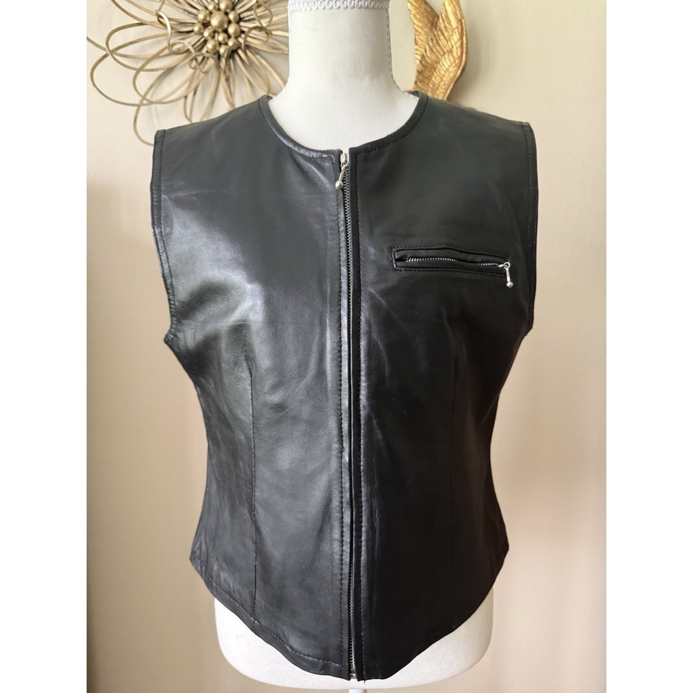 Vintage 90s Saguaro West Black Leather Vest Women's M Zip Front Biker